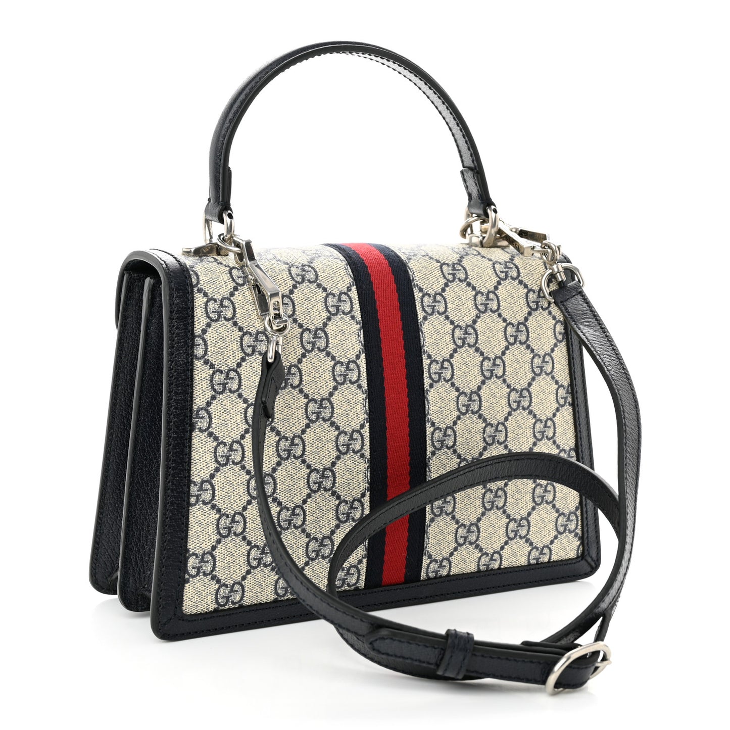 GG Supreme Monogram Textured Dollar Calfskin Web Small Ophidia Padlock Top Handle Bag Beige Blue