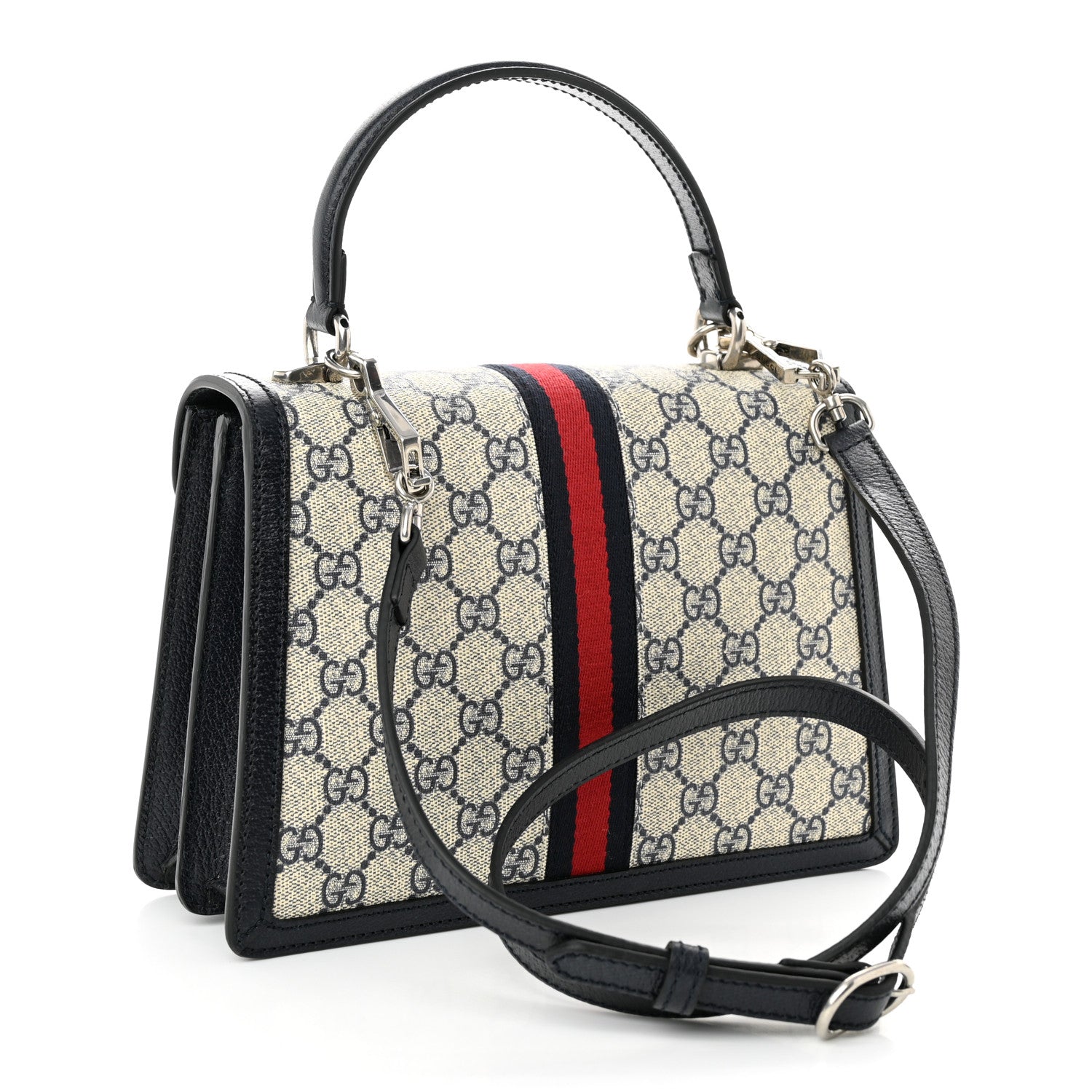 Gucci GG Supreme Monogram Textured Dollar Calfskin Web Small Ophidia Padlock Top Handle Bag Beige Blue 3 of 9