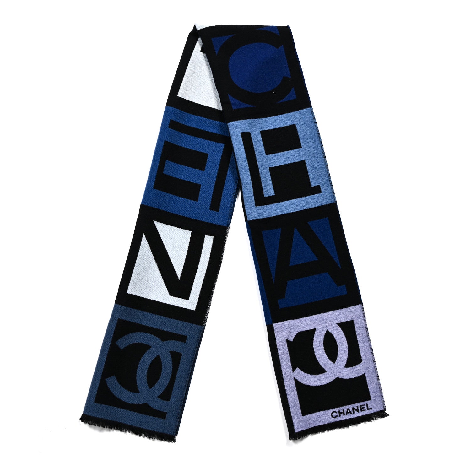 Chanel Wool Silk CC Logo Stole Black Blue 2 of 3