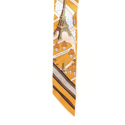 Hermes Silk Les Nouveaux Amoureux de Paris Twilly Orange Ciel Beige 2 of 4