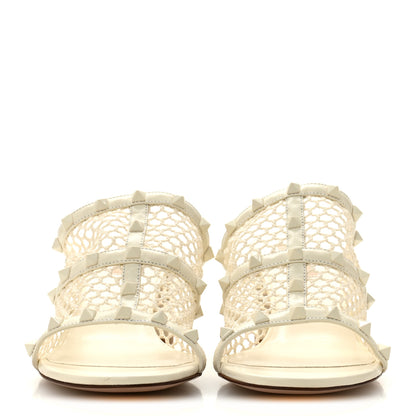 Valentino Garavani Calfskin Mesh Rockstud 60mm Caged Slide Sandals 40 Ivory 3 of 9
