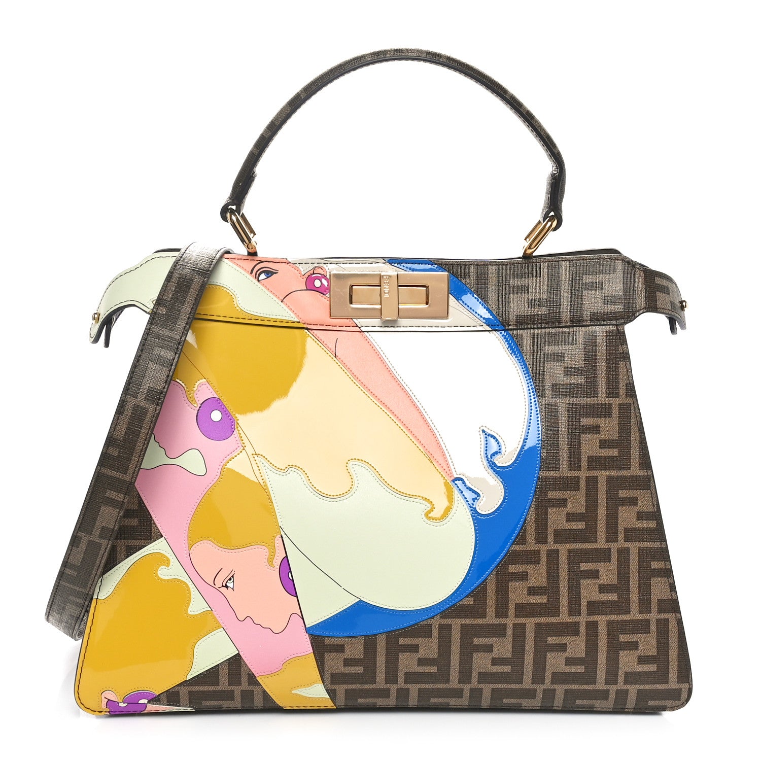 Fendi Glazed Fabric Vitello FF 1974 Hairdo Girls Inlay Medium Peekaboo Iconic Satchel Mogano Panna Multicolor 1 of 10