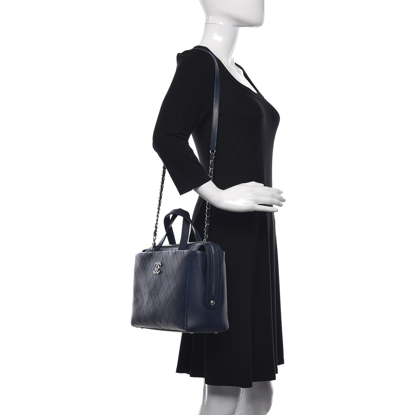 Grained Calfskin Stitched Large Magnetic Shopping Tote Blue