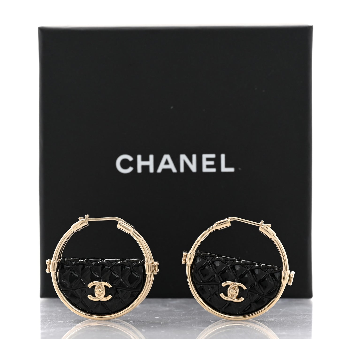 Metal Resin Quilted Flap Bag Hoop Earrings Black Gold