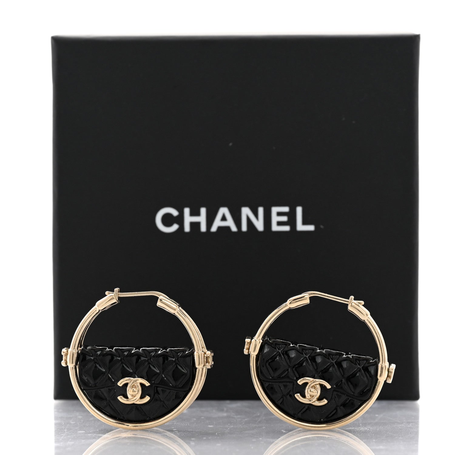 Chanel Metal Resin Quilted Flap Bag Hoop Earrings Black Gold 5 of 5