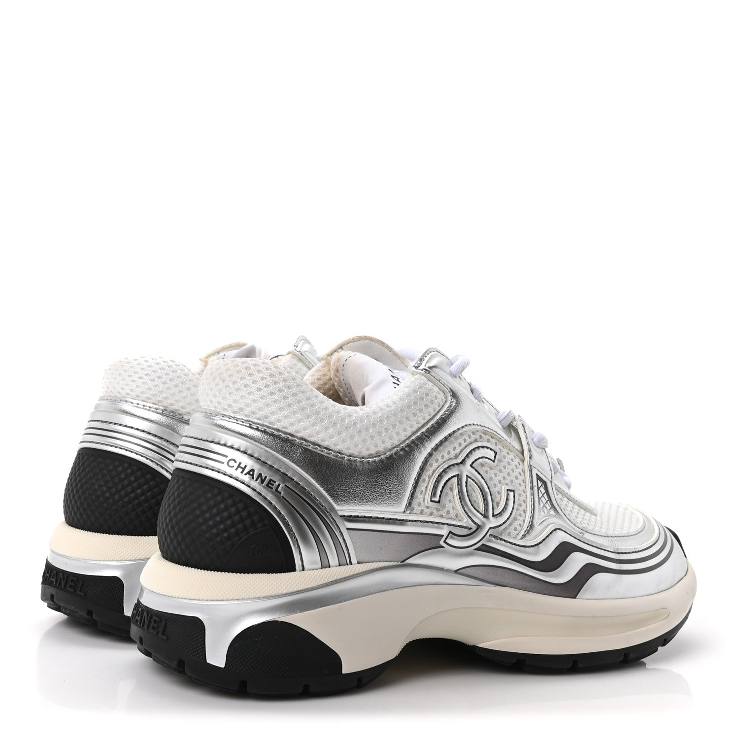 Chanel Fabric Laminated Calfskin Stretch CC Sneakers 36 White Silver 5 of 10