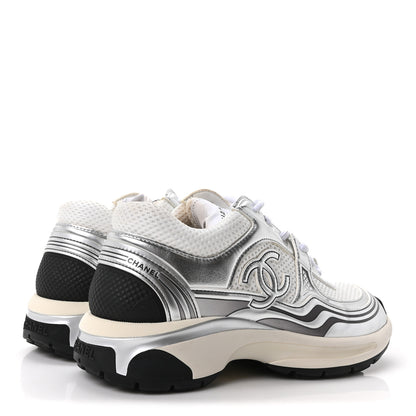 Chanel Fabric Laminated Calfskin Stretch CC Sneakers 36 White Silver 5 of 10