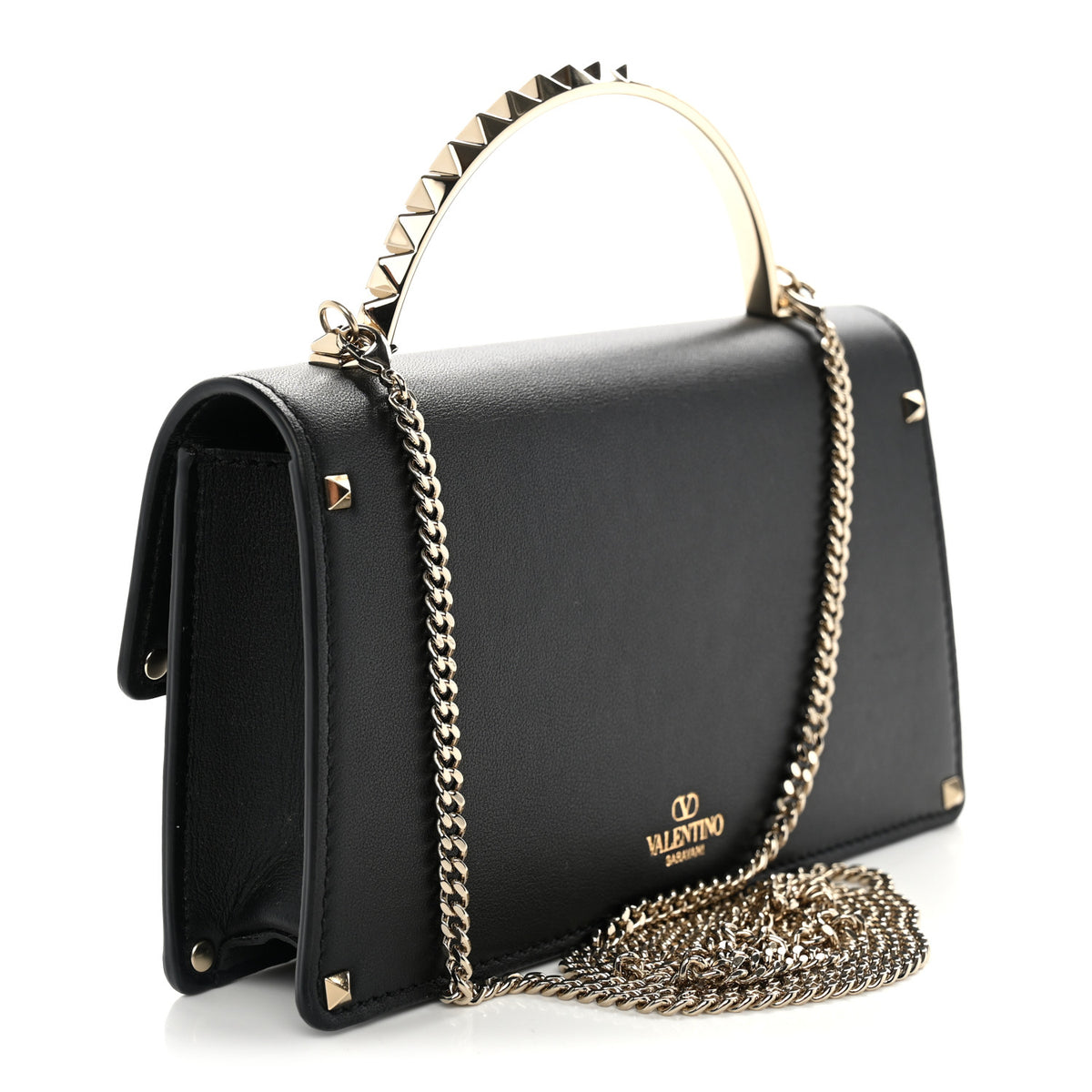 Calfskin Rockstud Flip Lock Top Handle Bag Black