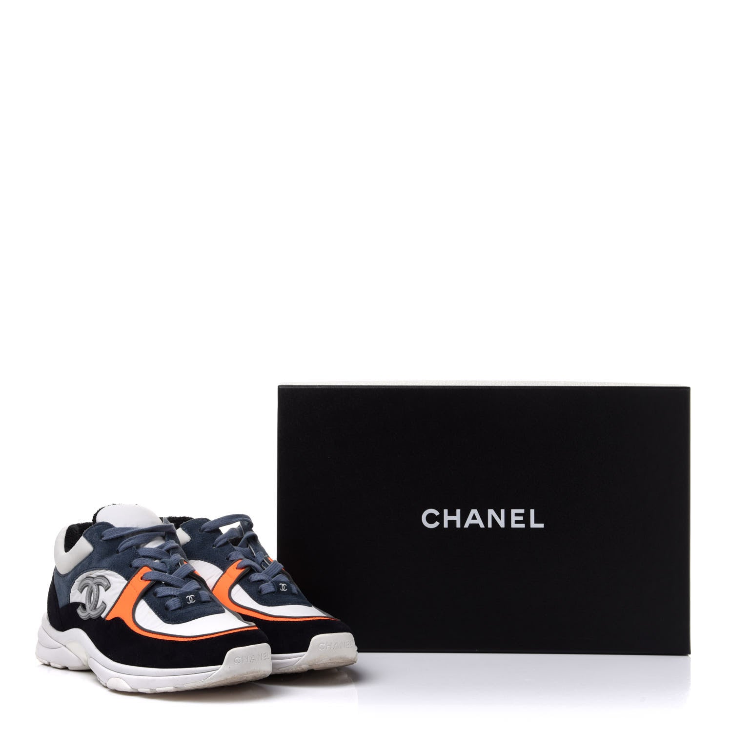 Chanel Nylon Calfskin Suede CC Womens Sneakers 36.5 Navy White Orange Black 9 of 9