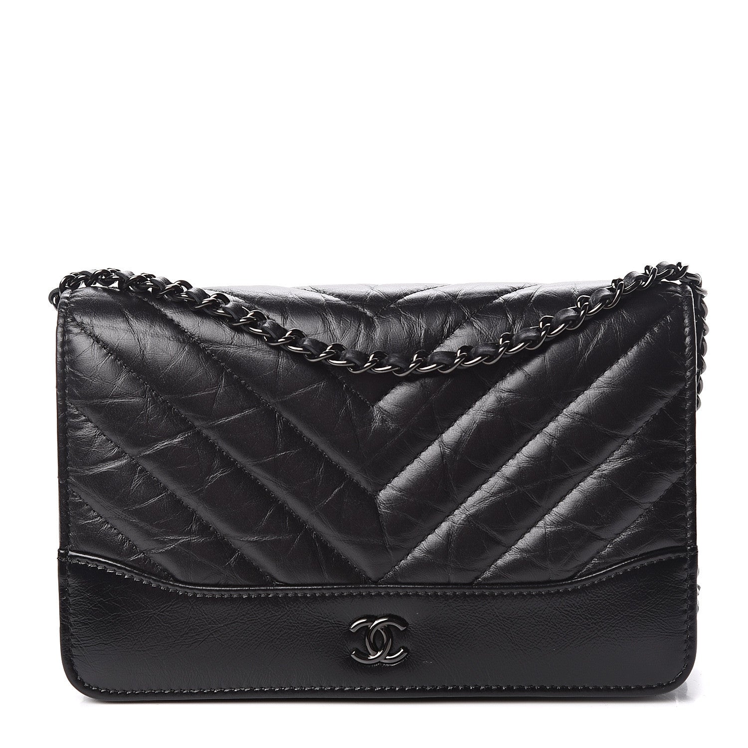 Chanel Aged Calfskin Chevron Quilted Gabrielle Wallet On Chain WOC Black 1 of 12