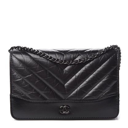 Chanel Aged Calfskin Chevron Quilted Gabrielle Wallet On Chain WOC Black 1 of 12