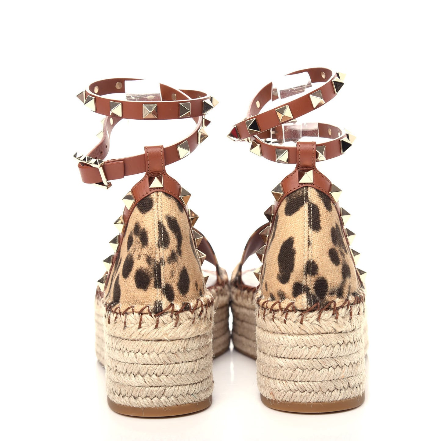 Canvas Leopard Print Rockstud Ankle Wrap Espadrille Flatform Sandals 38 Brown