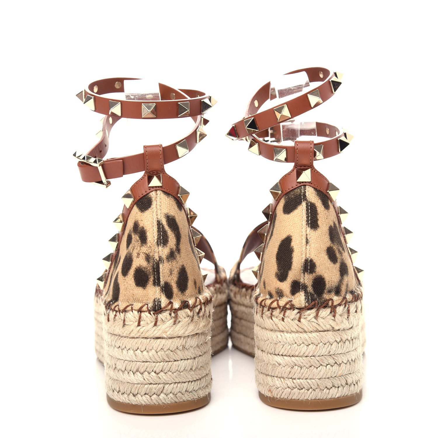 Valentino Garavani Canvas Leopard Print Rockstud Ankle Wrap Espadrille Flatform Sandals 38 Brown 7 of 11