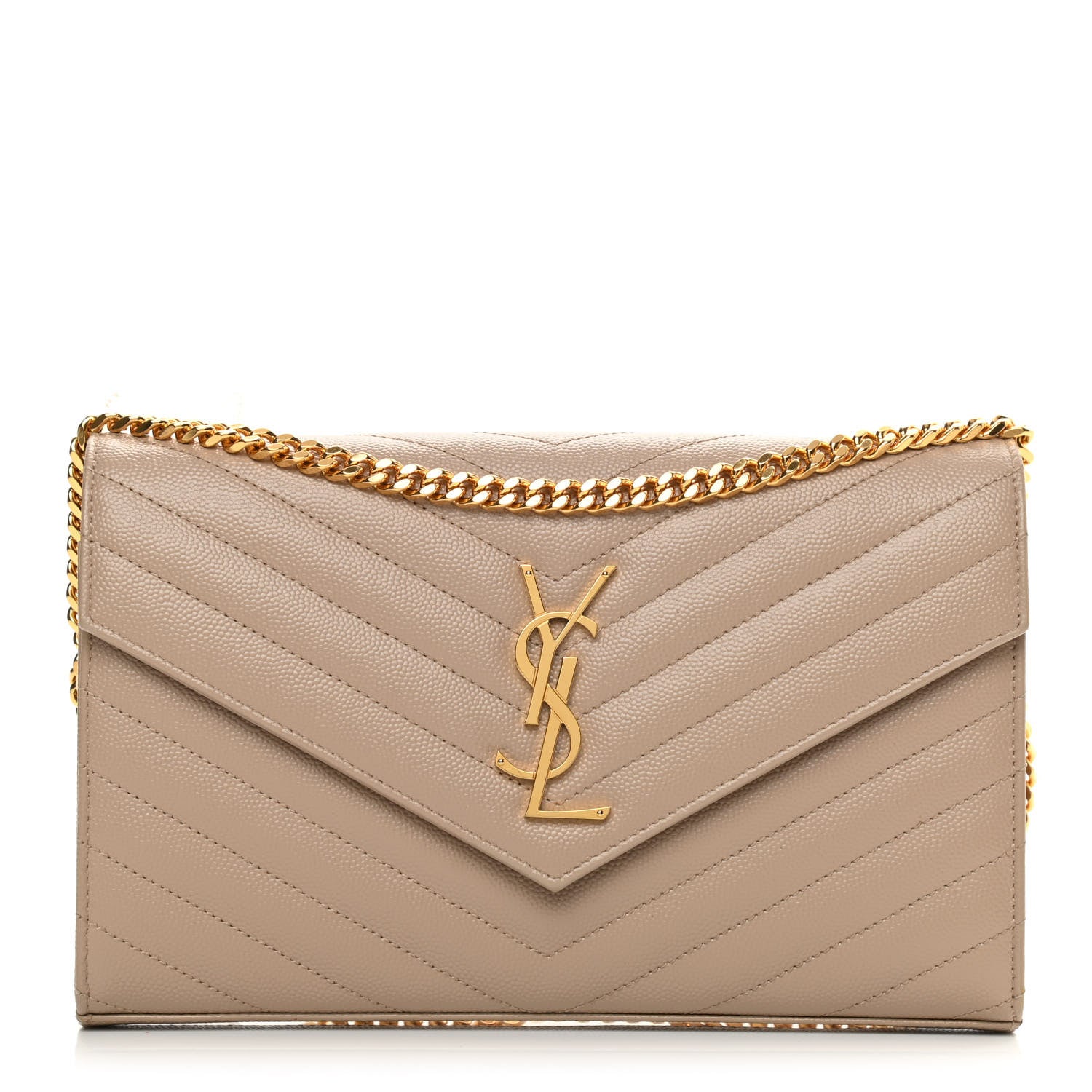 Saint Laurent Grain De Poudre Matelasse Chevron Monogram Chain Wallet Dark Beige 1 of 11