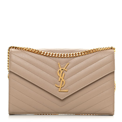Saint Laurent Grain De Poudre Matelasse Chevron Monogram Chain Wallet Dark Beige 1 of 11