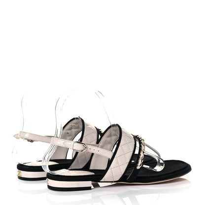 Chanel Patent Lambskin Quilted Chain CC Thong Sandals 37 Ivory Black 4 of 7