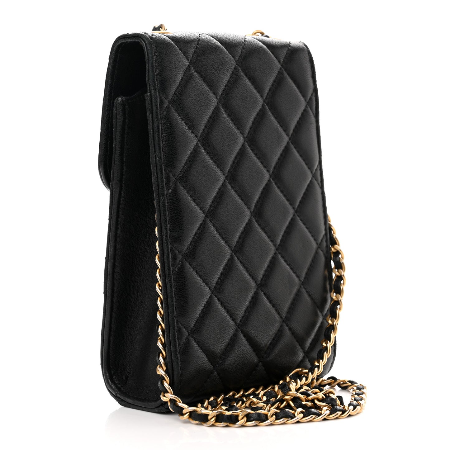 Lambskin Quilted Pearl Crush Phone Holder With Chain Black