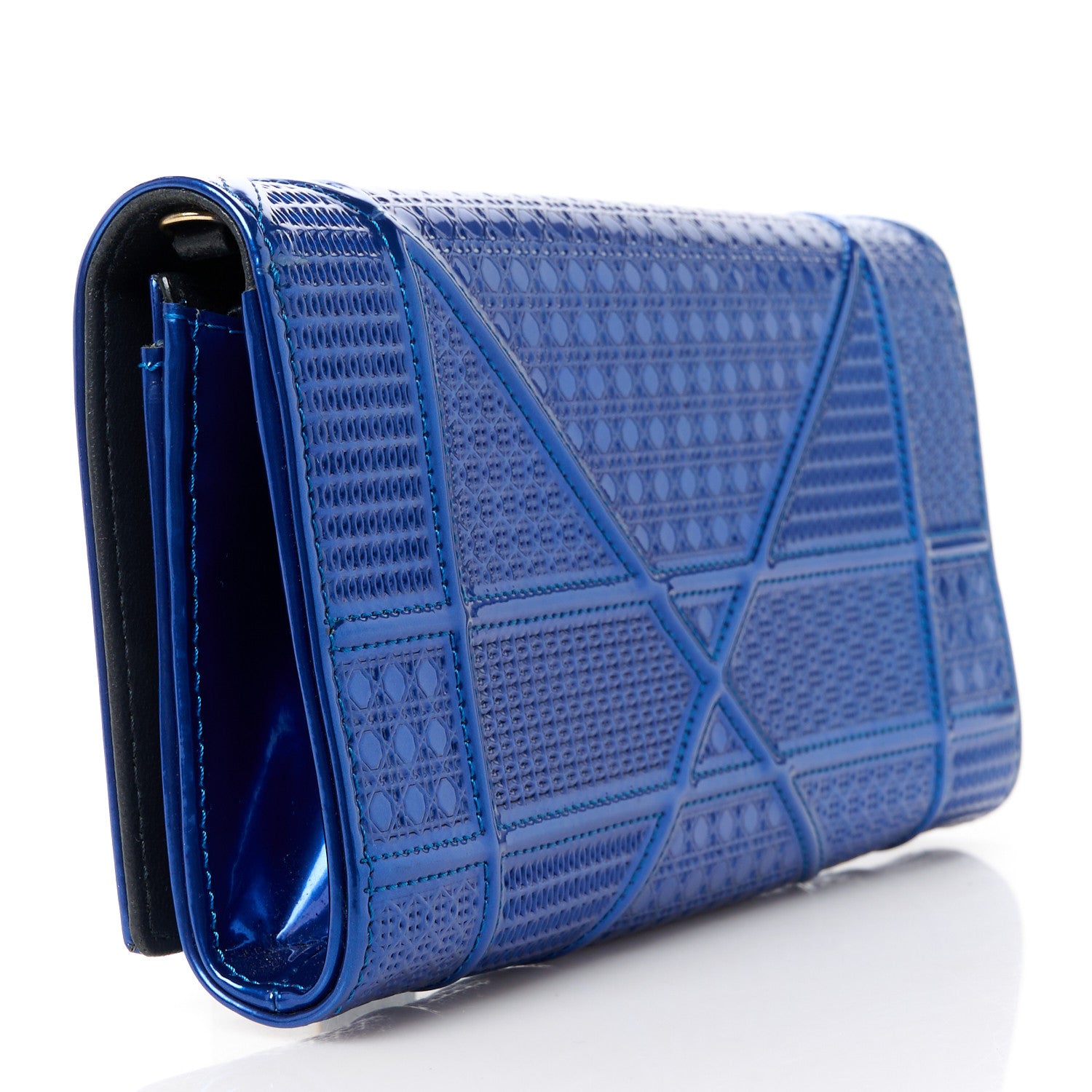 Christian Dior Metallic Patent Micro-Cannage Diorama Croisiere Chain Wallet Blue 3 of 10