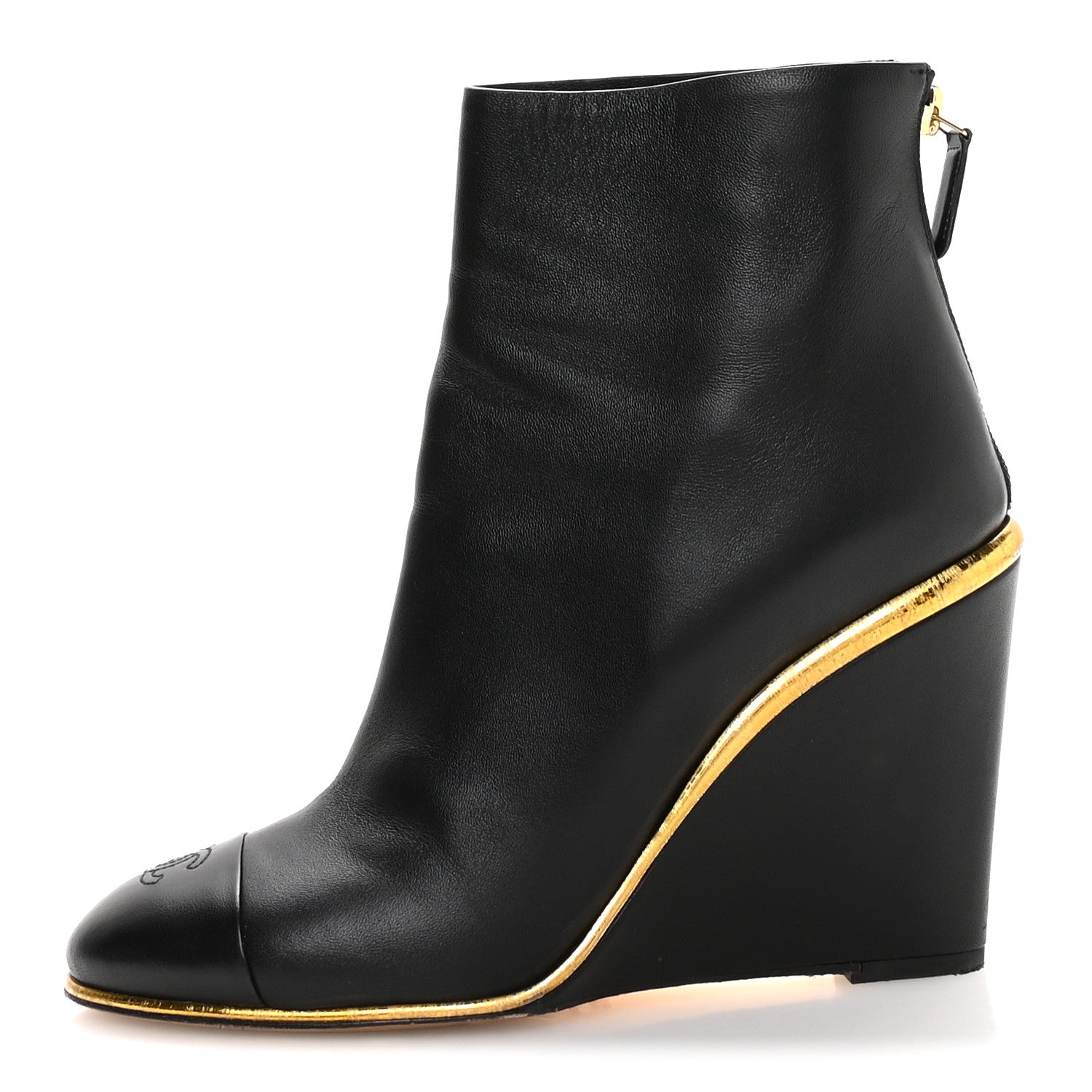 Chanel Lambskin Cap Toe Wedge Ankle Boots 38.5 Black 1 of 9