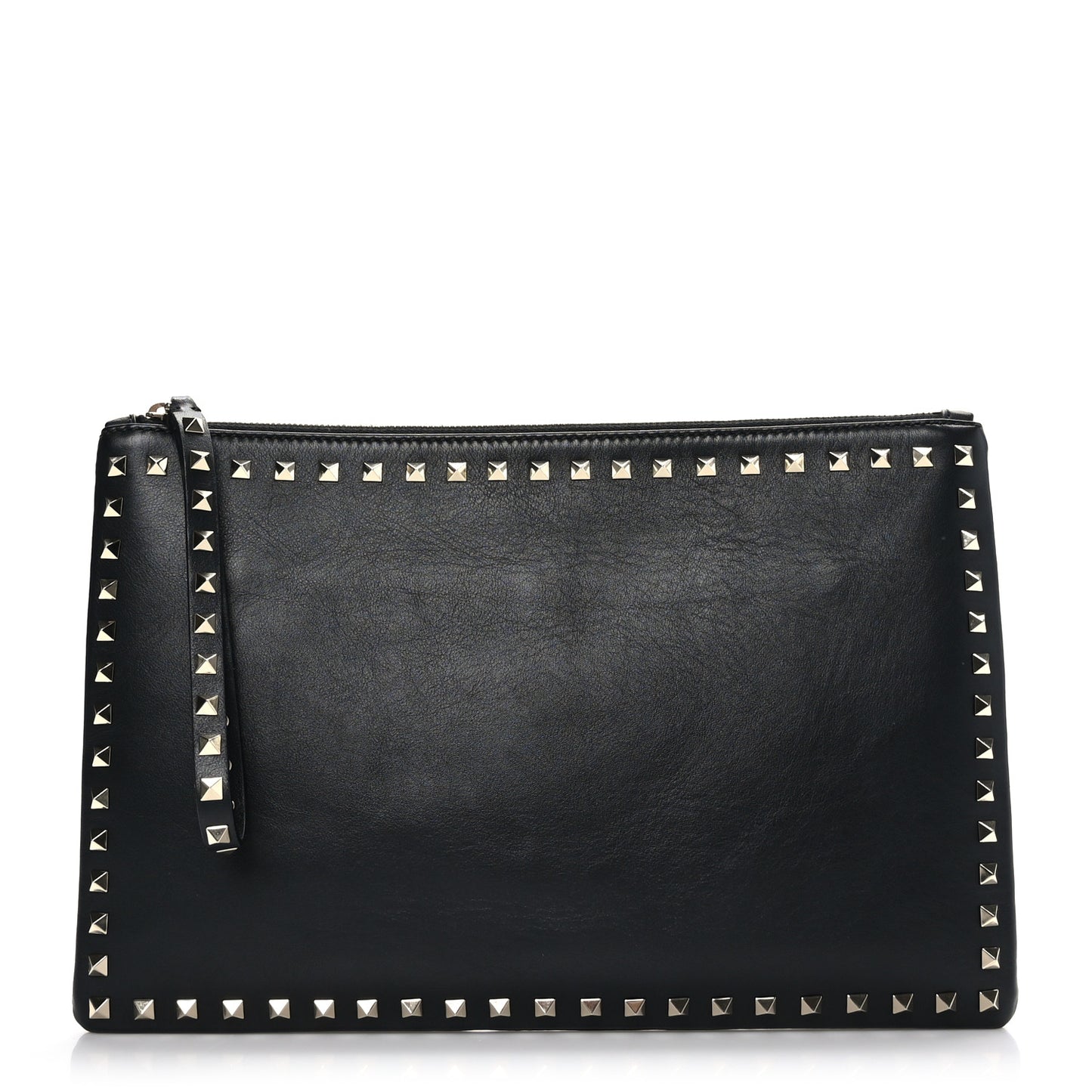 Vitello Large Rockstud Zip Wristlet Pouch Black