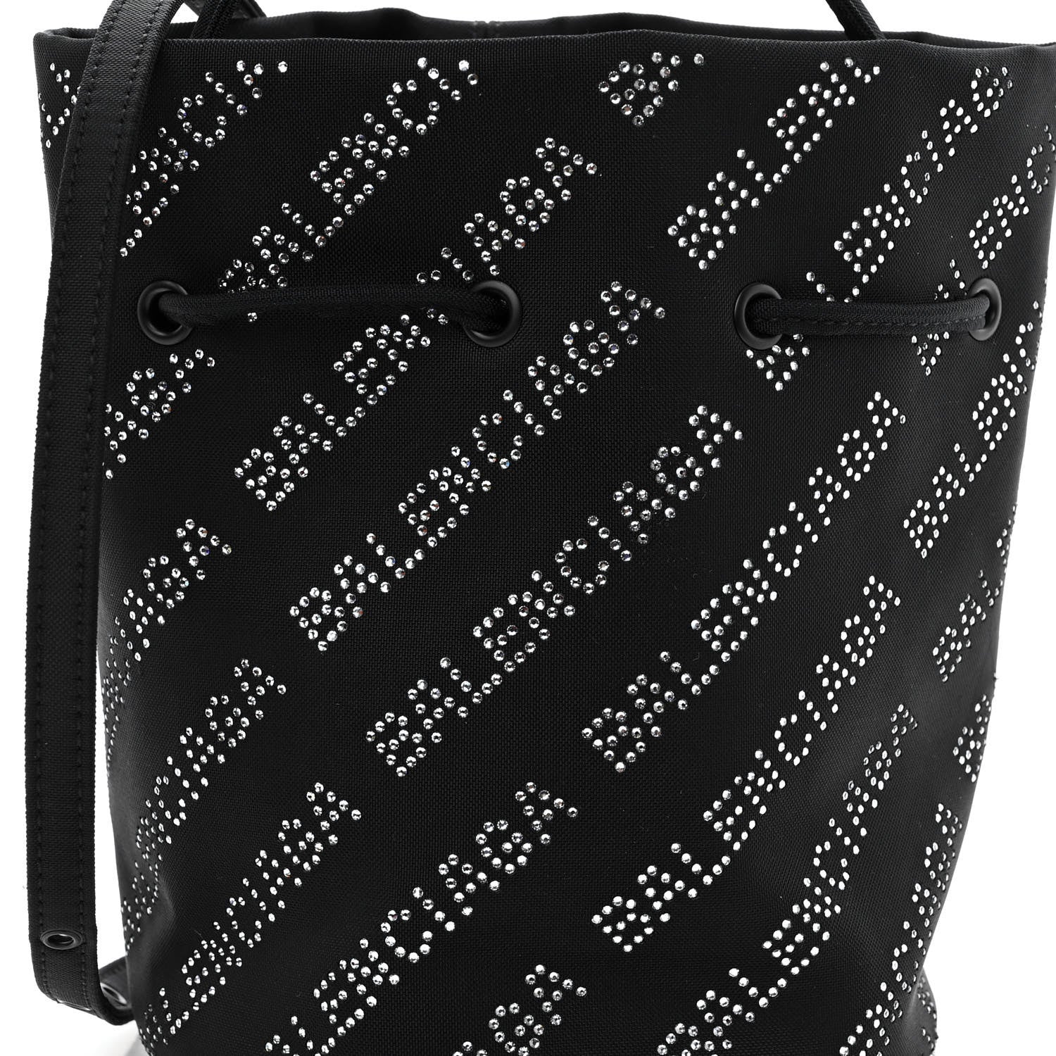 Balenciaga Recycled Sport Nylon Crystal Allover Logo Wheel Drawstring Bucket Bag Black Crystal 7 of 9