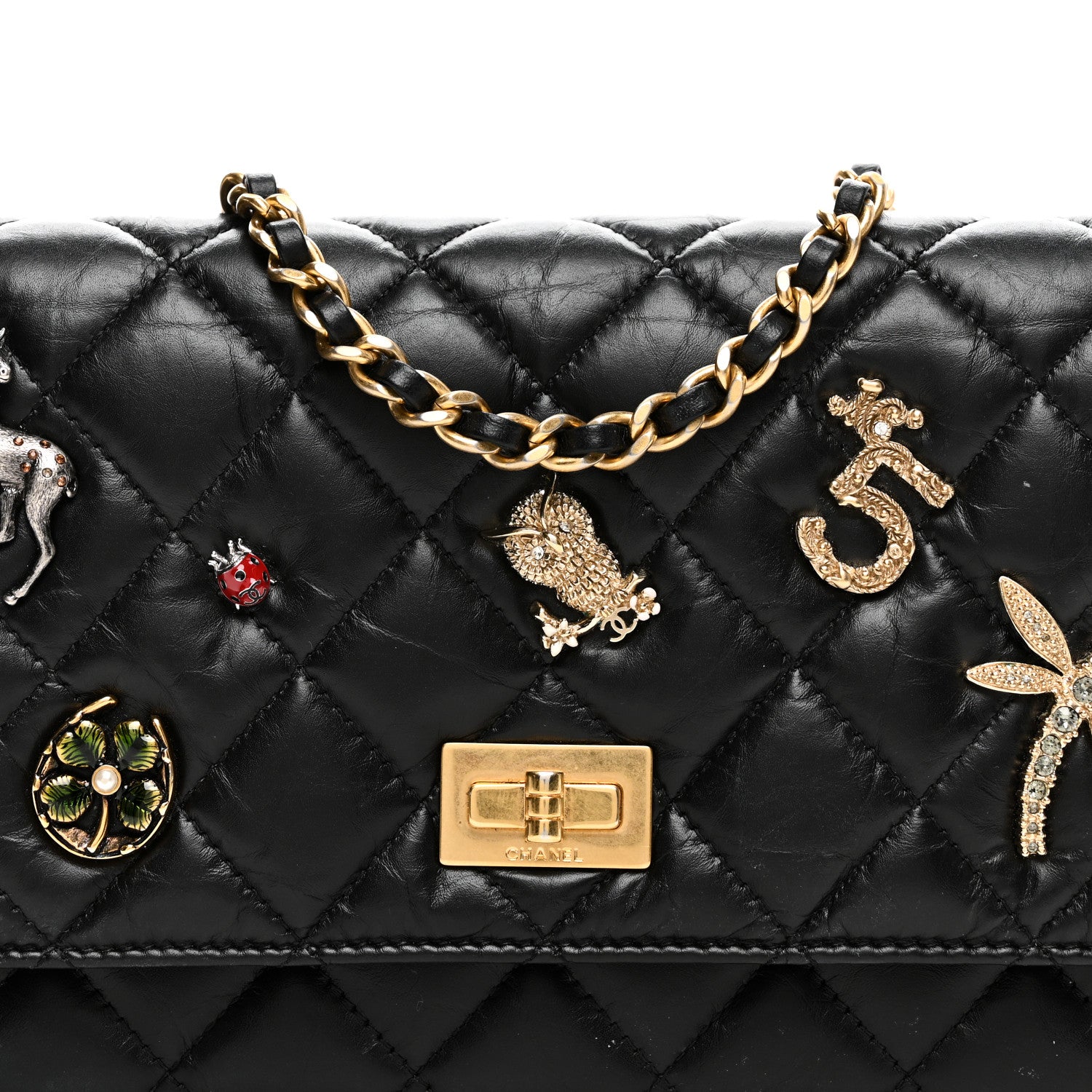 Chanel Aged Calfskin Quilted Lucky Charms 2.55 Reissue Wallet On Chain WOC Black 9 of 12