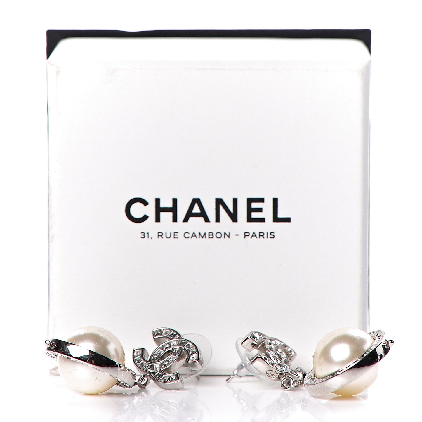 Baguette Crystal CC Pearl Drop Art Decoco Earrings Silver