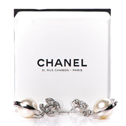 Chanel Baguette Crystal CC Pearl Drop Art Decoco Earrings Silver 4 of 4