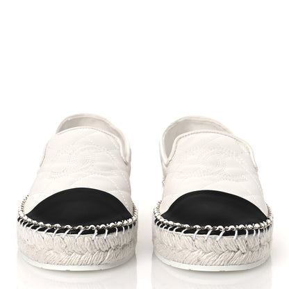 Chanel Shiny Lambskin Quilted Grosgrain Cap Toe CC Chain Espadrilles 39 White Black 3 of 11