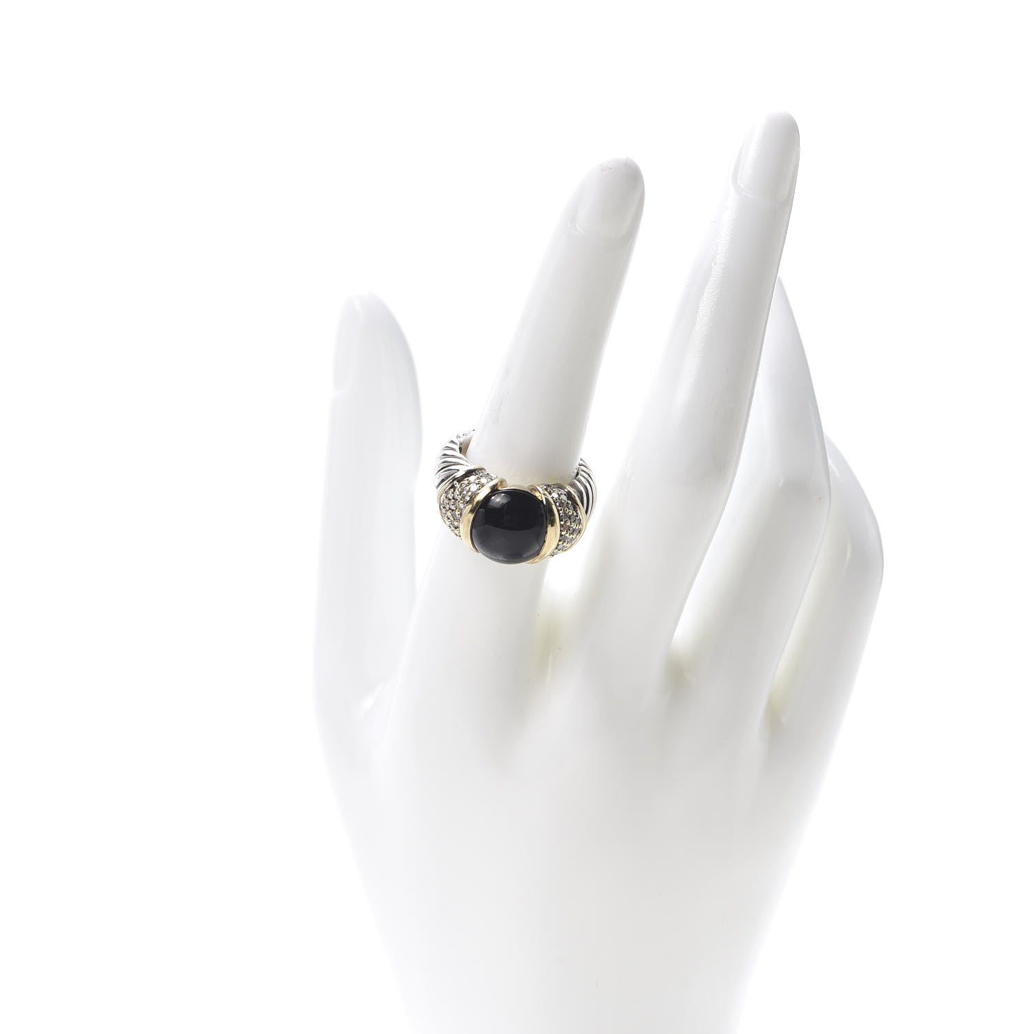 David Yurman Sterling Silver 18K Yellow Gold Diamond Black Onyx 10mm Cable Capri Ring 56 7.5 2 of 4