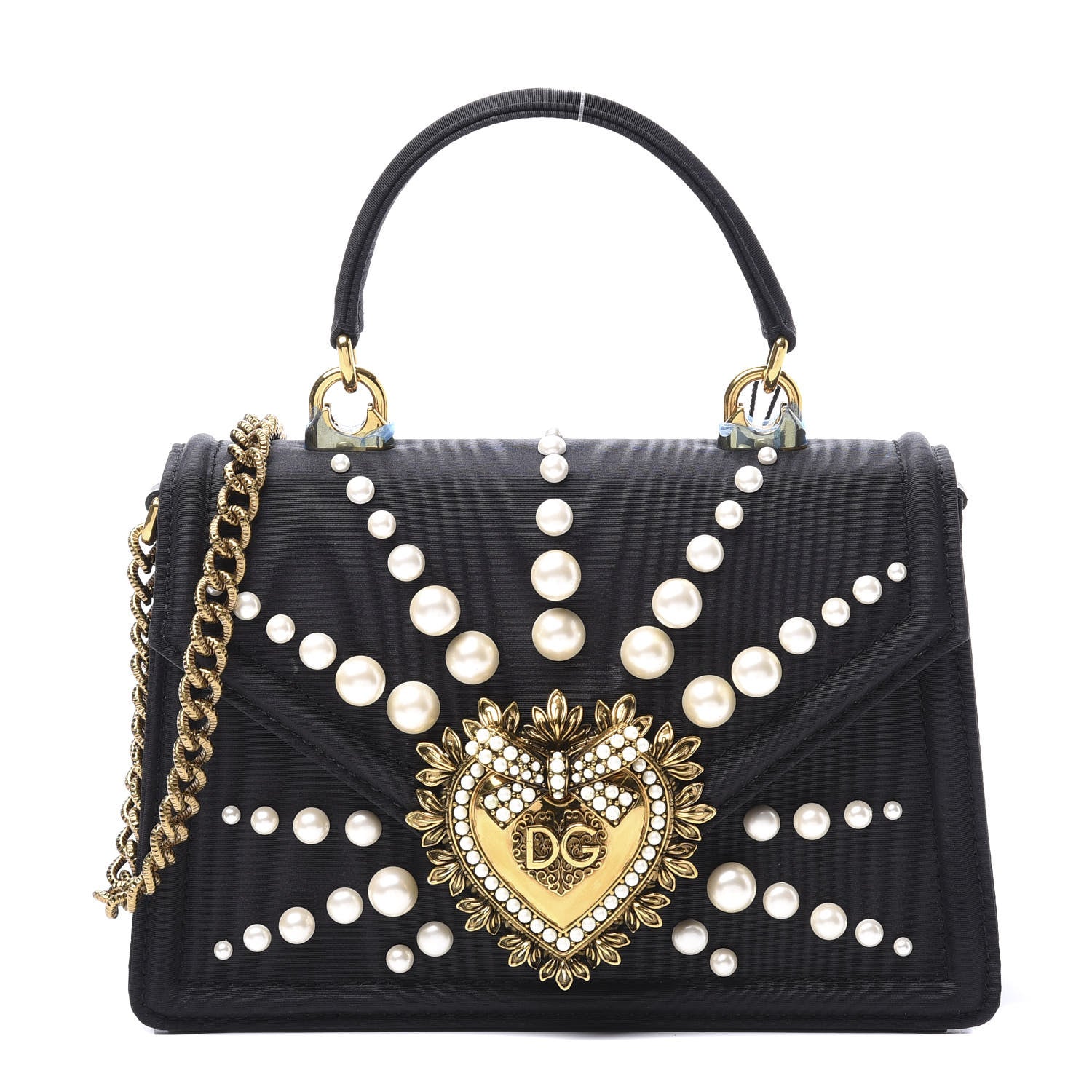 Dolce & Gabbana Moire Pearl Embellished Small Devotion Top Handle Bag Black 1 of 9