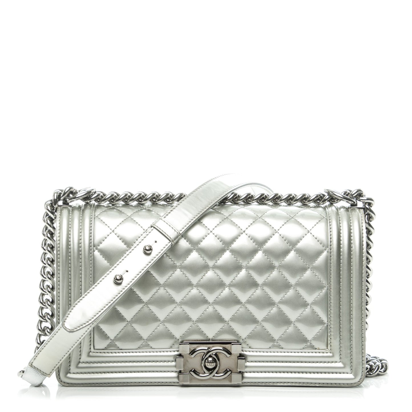 Metallic Patent Quilted Medium Boy Flap Silver