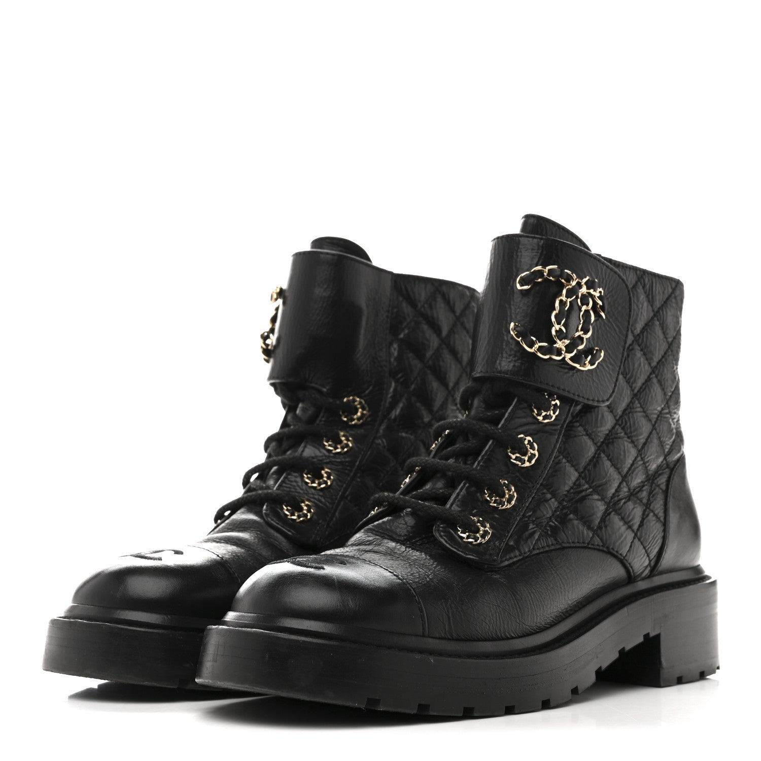 Chanel Shiny Goatskin Calfskin Quilted Lace Up Combat Boots 37 Black 4 of 10