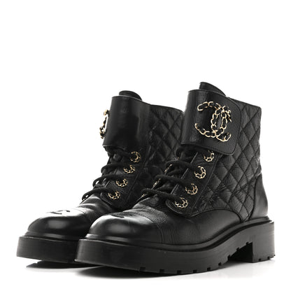 Chanel Shiny Goatskin Calfskin Quilted Lace Up Combat Boots 37 Black 4 of 10