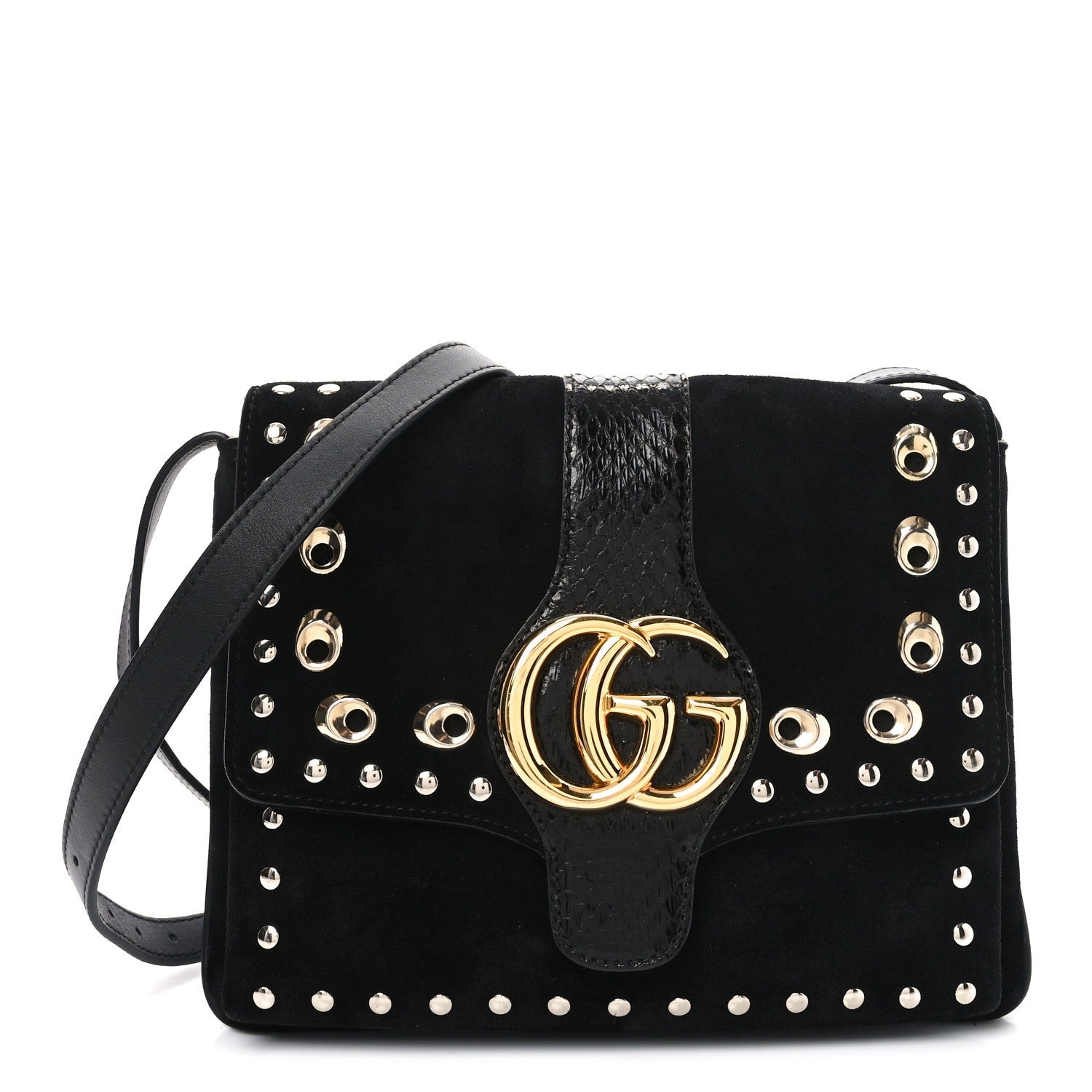 Gucci Suede Snakeskin Studded Medium Arli Flap Shoulder Bag Black 1 of 10
