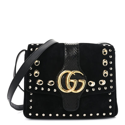Gucci Suede Snakeskin Studded Medium Arli Flap Shoulder Bag Black 1 of 10