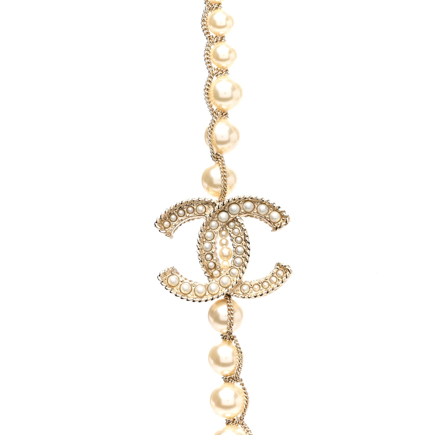 Crystal Pearl CC Chain Long Necklace Gold