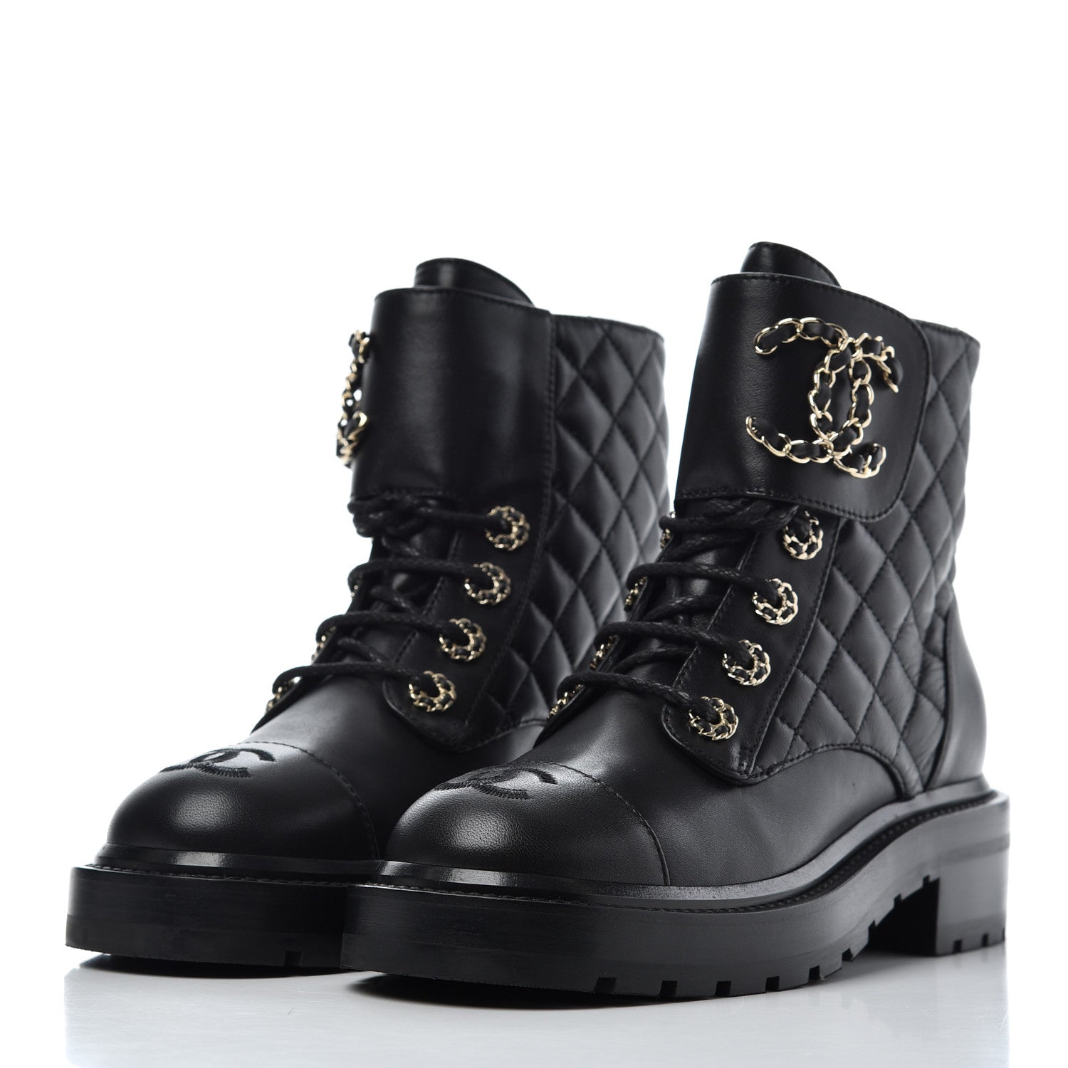 Chanel Shiny Lambskin Quilted Lace Up Combat Boots 35 Black 3 of 9