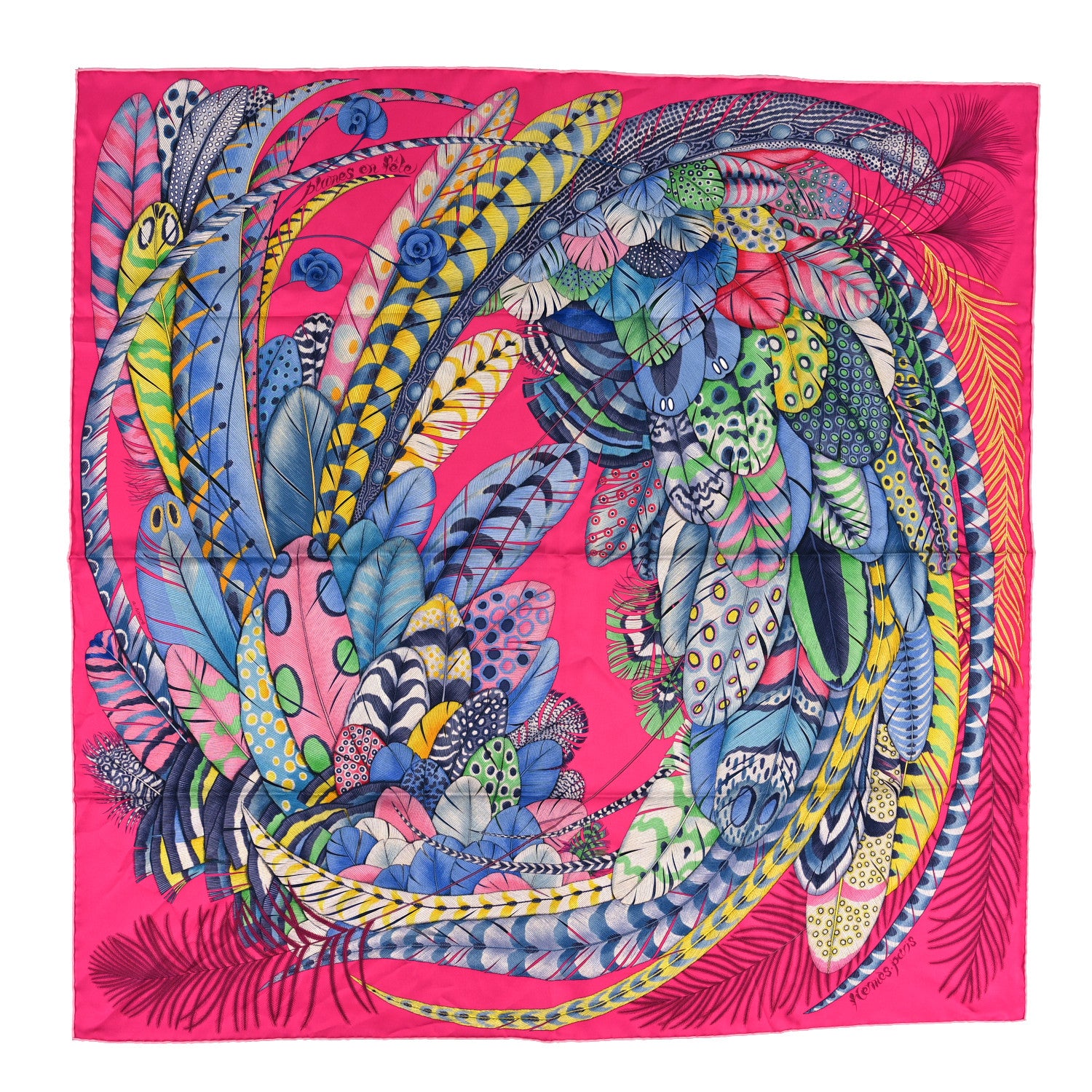 Hermes Silk Plumes En Fete Scarf 90 Rose Vif Bleu Vert 1 of 4
