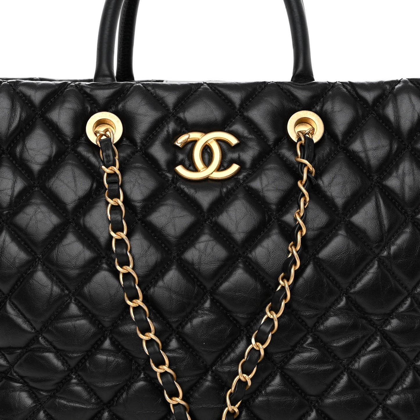 Aged Calfskin Quilted Large Coco Handle Shopping Tote Black