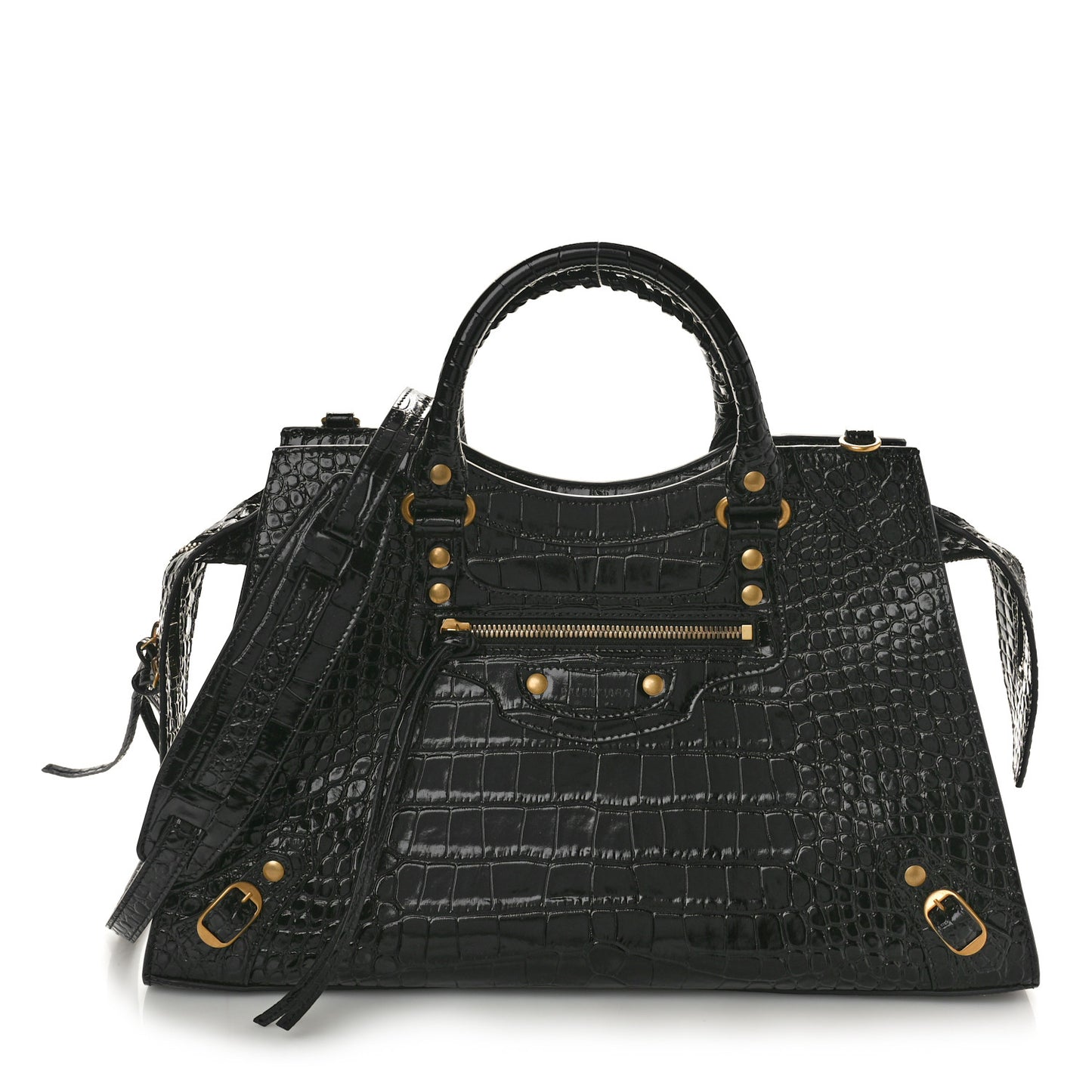 Shiny Supple Calfskin Crocodile Embossed Brass Hardware Neo Classic City Black