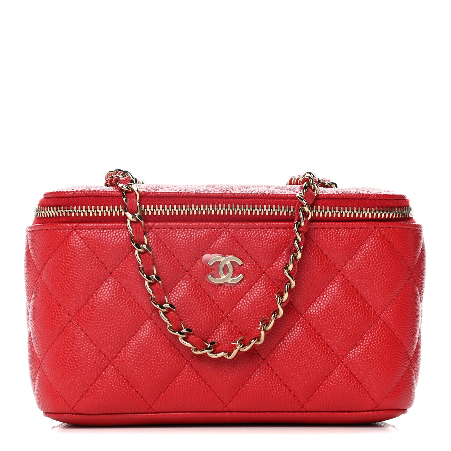 Caviar Quilted Small Vanity Case With Chain Red
