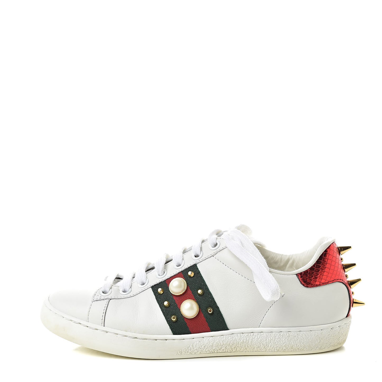 Calfskin Web Pearl Studded Womens Ace Sneakers 35 White