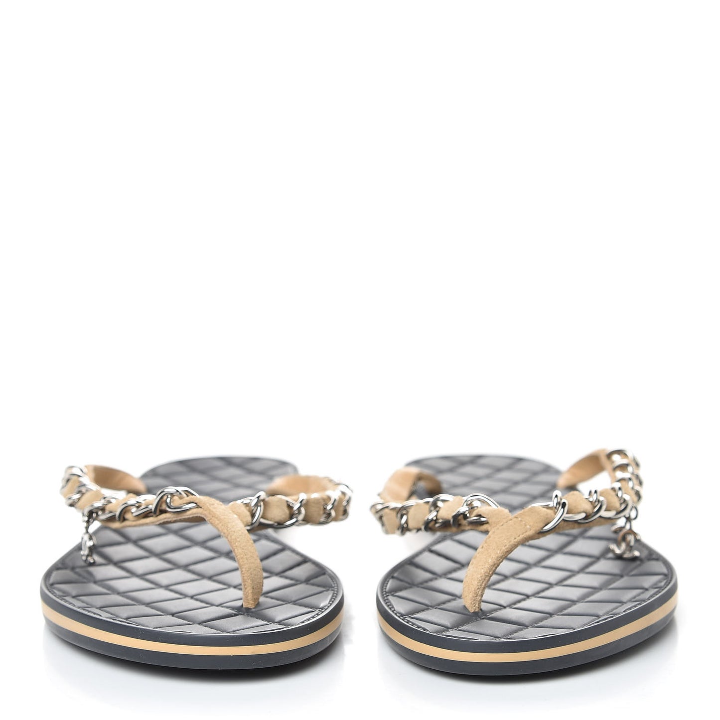 Suede Calfskin Quilted Chain Thong Sandals 38 Beige