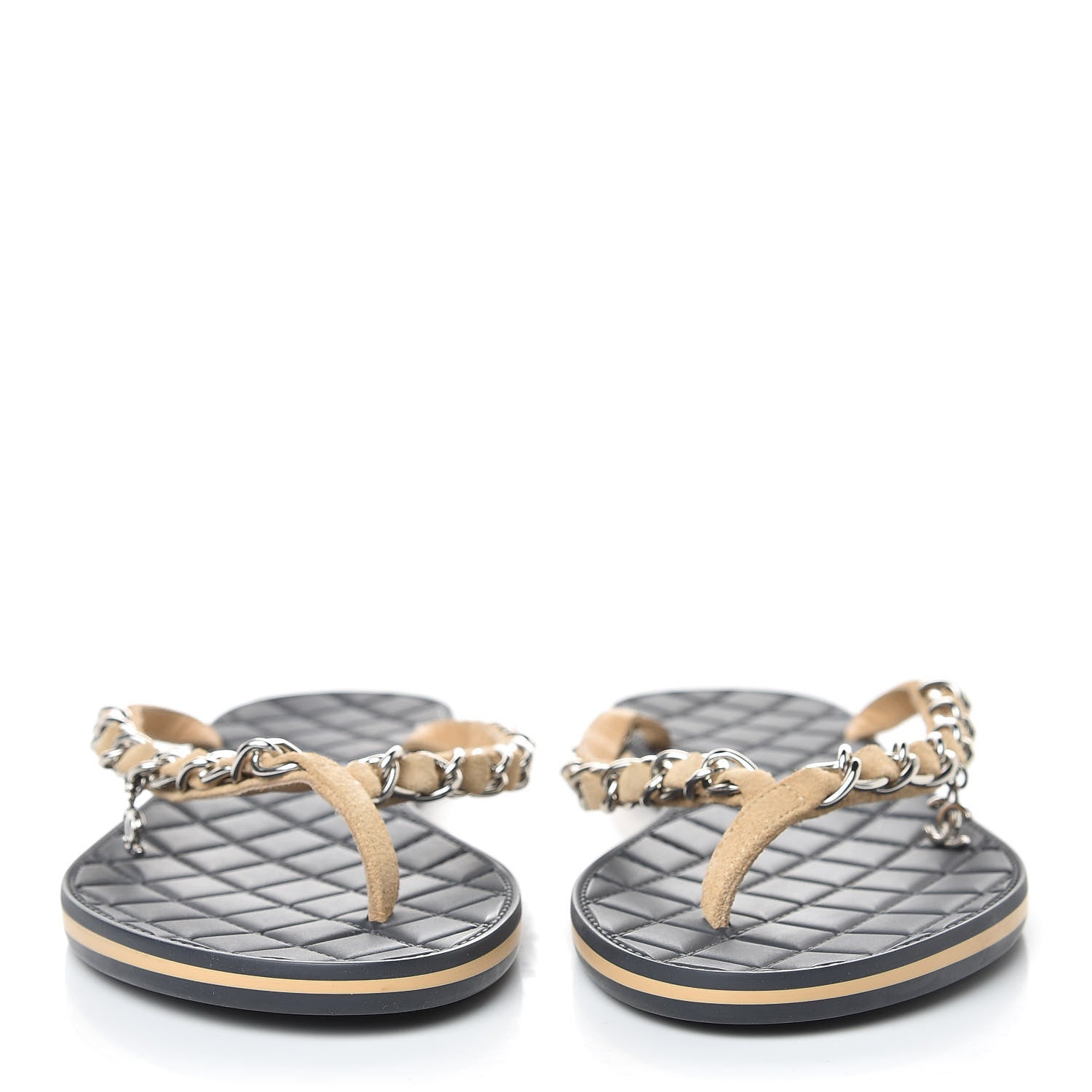 Chanel Suede Calfskin Quilted Chain Thong Sandals 38 Beige 2 of 7