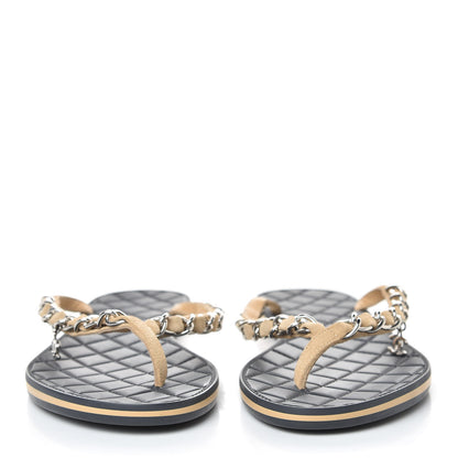 Chanel Suede Calfskin Quilted Chain Thong Sandals 38 Beige 2 of 7