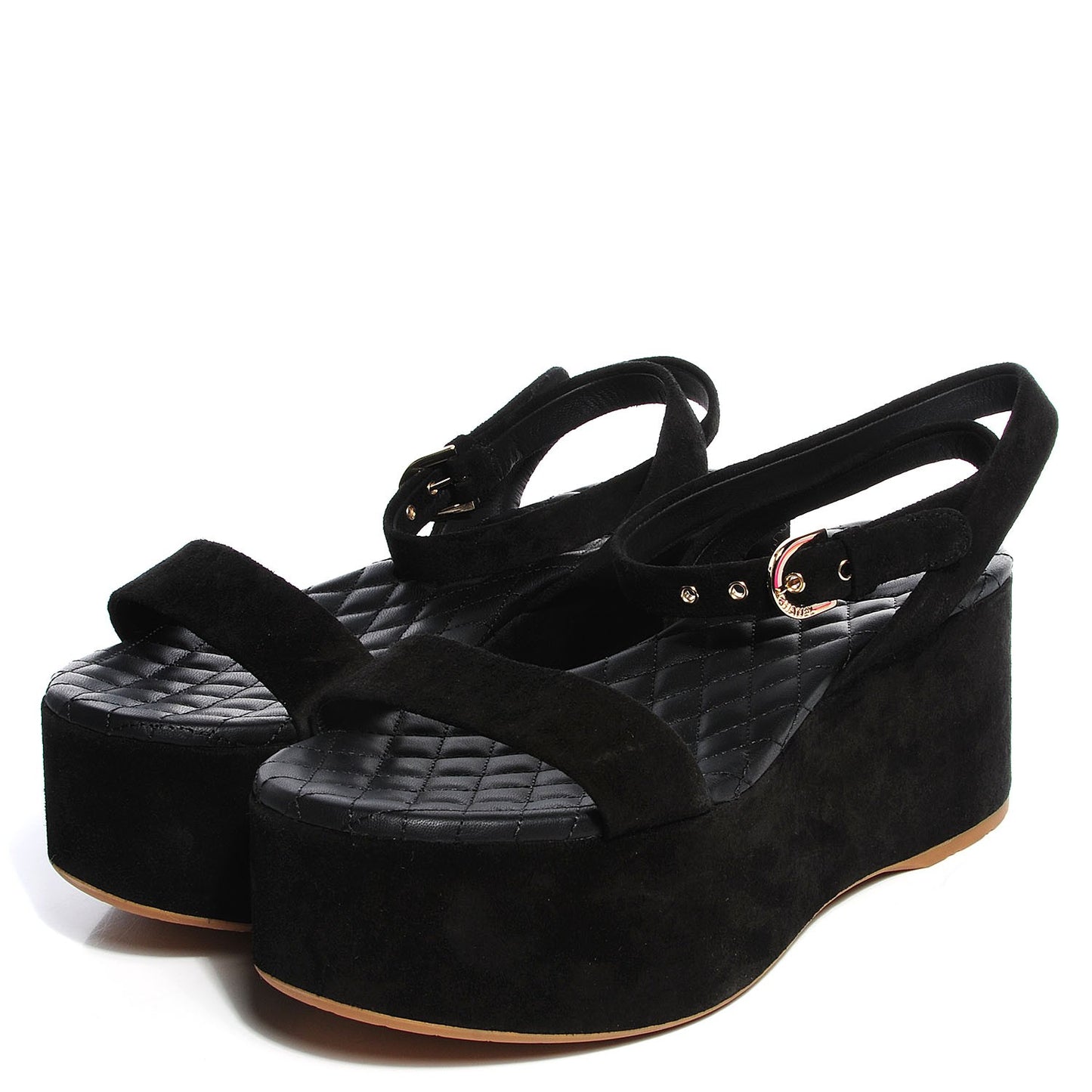 Suede Calfskin Wedge Sandals 41 Black