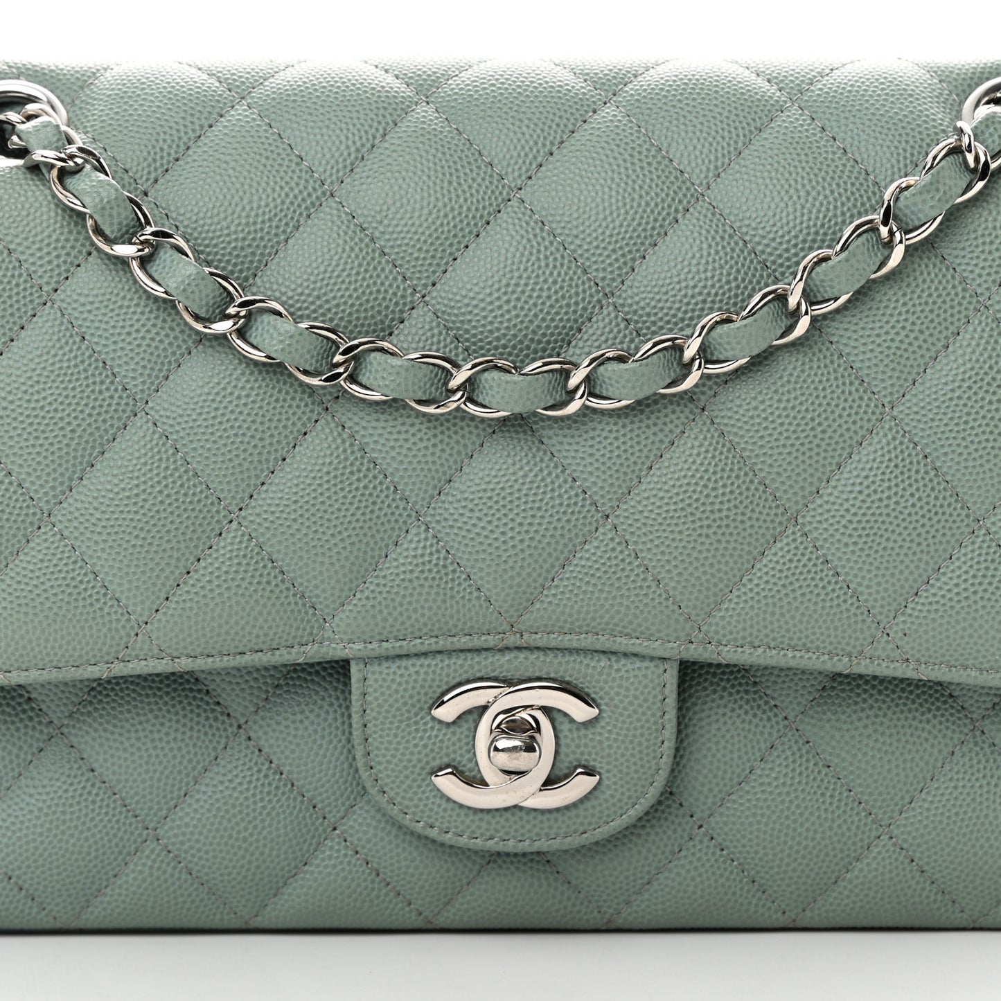 Caviar Quilted Medium Double Flap Light Blue