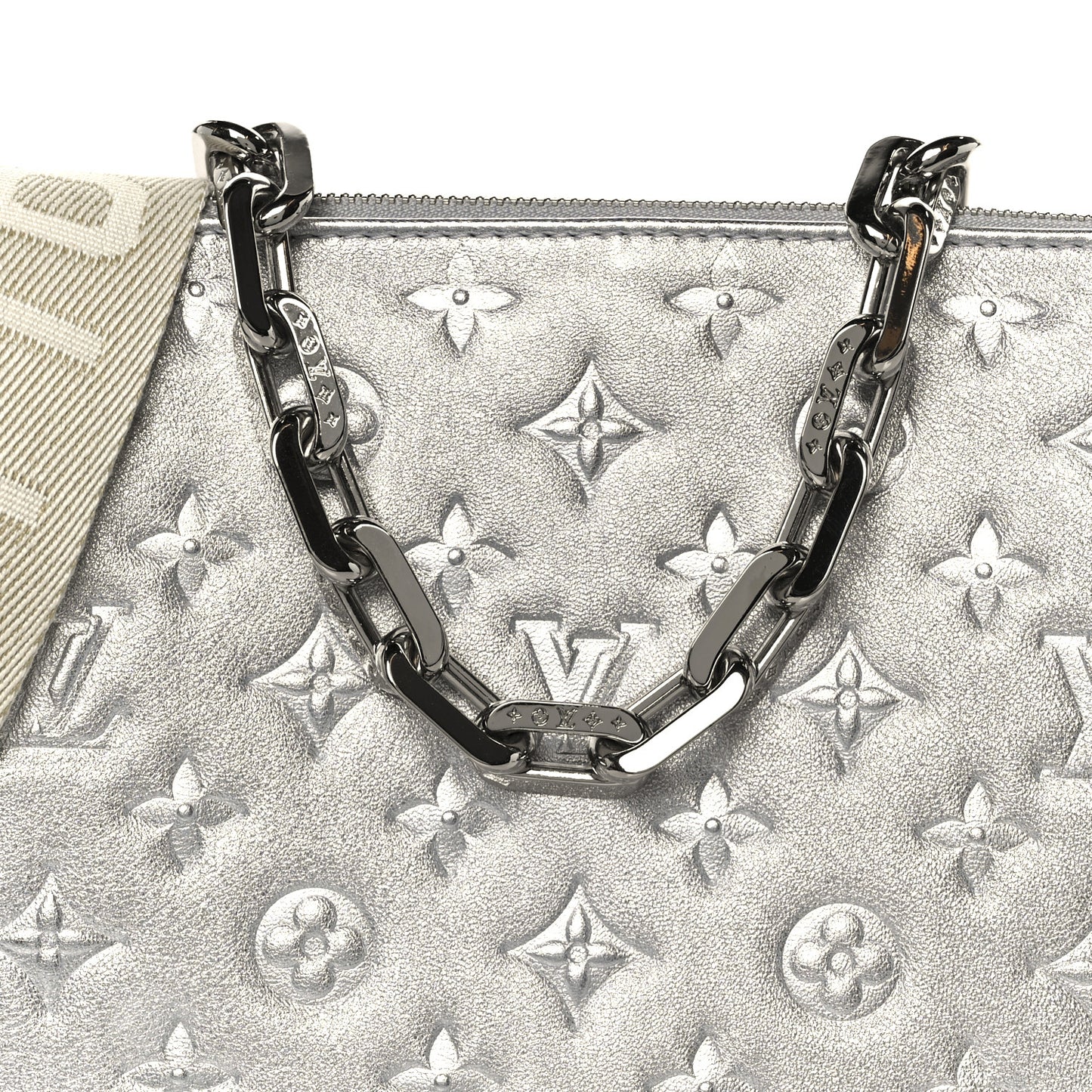 Metallic Lambskin Embossed Monogram Coussin PM  Silver