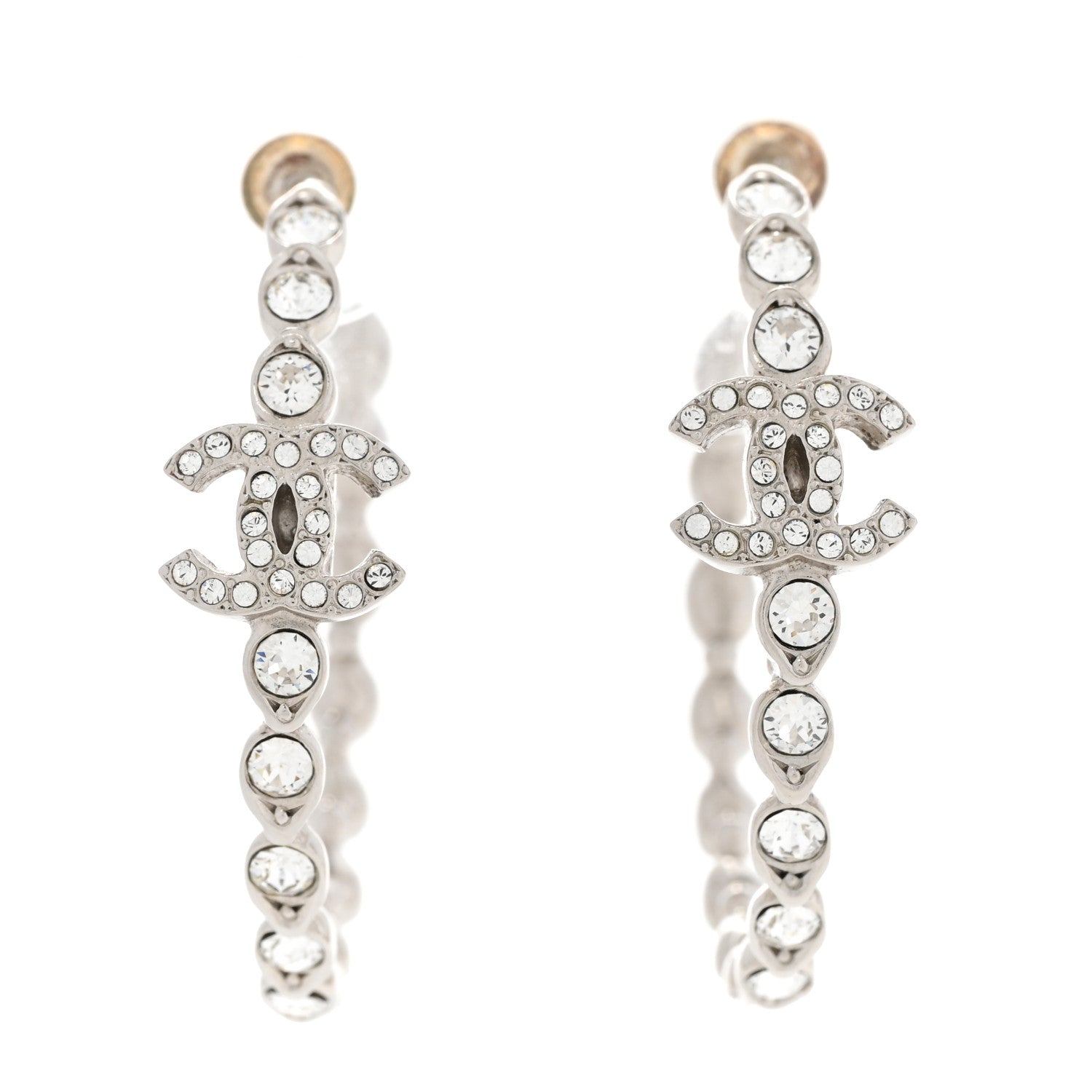 Chanel Metal Crystal CC Hoop Earrings Silver 1 of 5